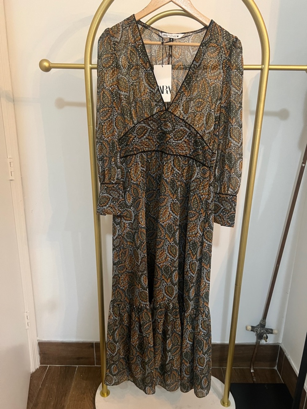 ZARA Olive Green and Rust Paisley V-Neck Maxi Dress